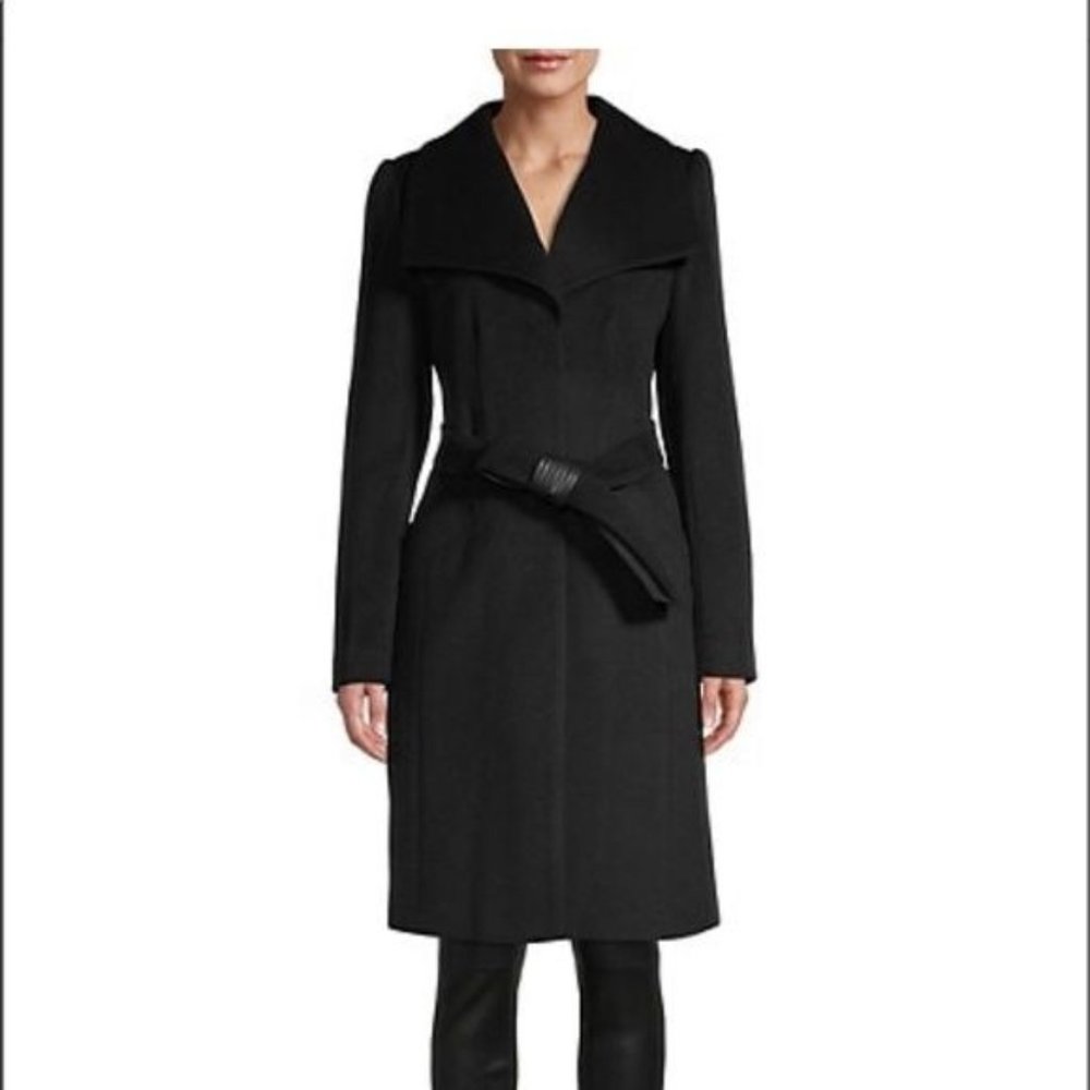 KARL LAGERFELD PARIS Long Wool Blend Belted Wrap Midi Coat Black Large 12-14 NEW - Picture 1 of 7